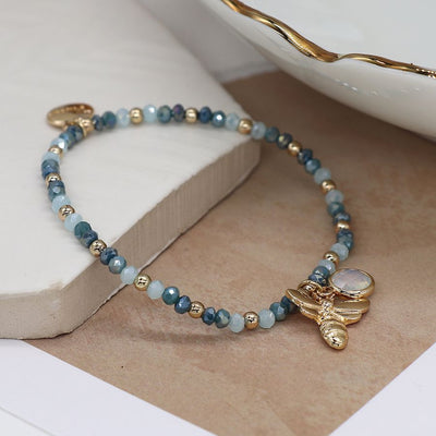Blue Bead With Gold bee & Crystal Bracelet