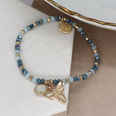 Blue Bead With Gold bee & Crystal Bracelet