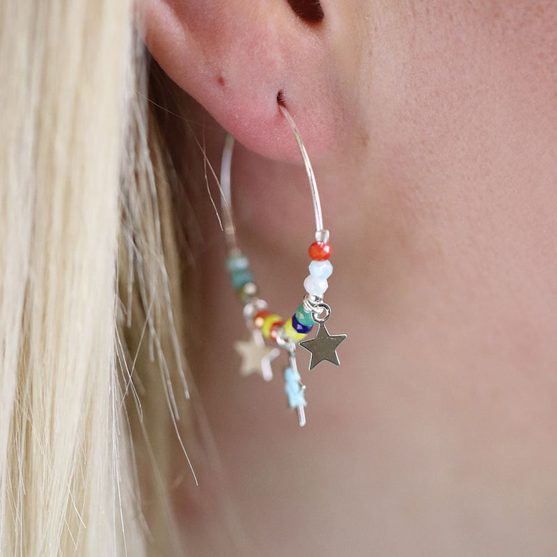Mixed Bead & Star Silver Hoop Earrings
