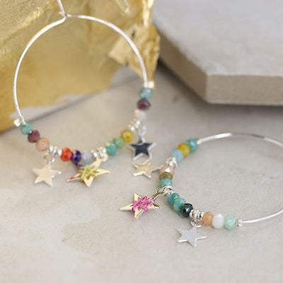 Mixed Bead & Star Silver Hoop Earrings