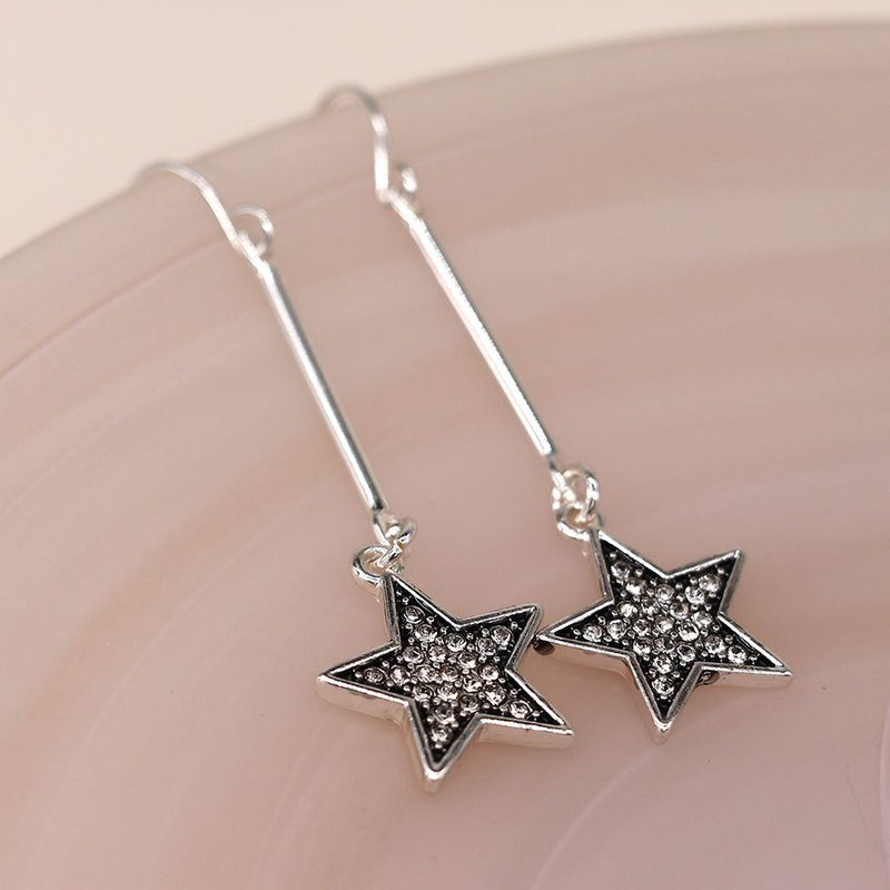 Silver Plated Bar Drop & Sparkle Star Earrings