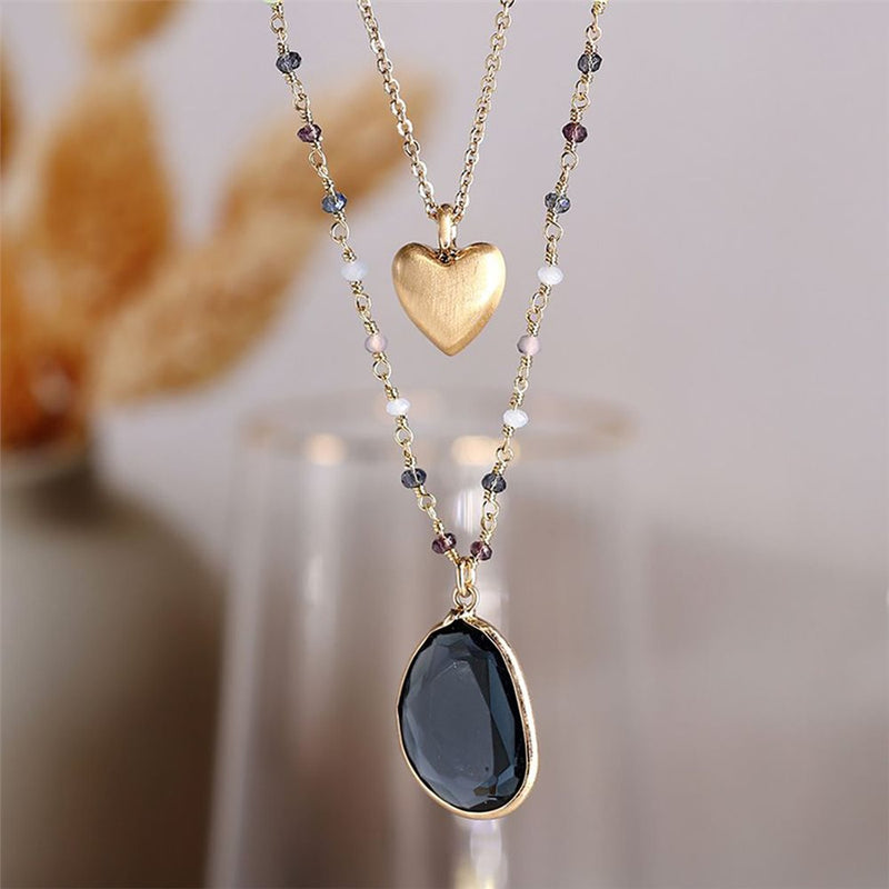 Golden Double Strand Heart & Blue Crystal Necklace