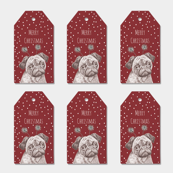 Set Of Six Christmas Pug Tags
