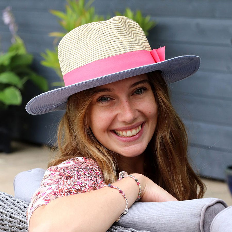Natural & Blue Summer Fedora With Coral Trim