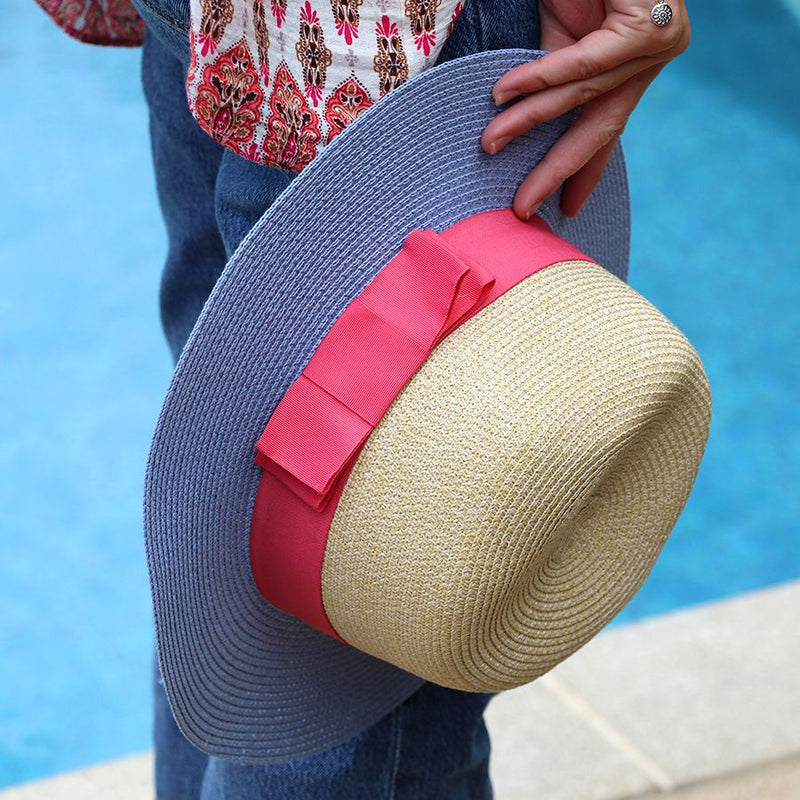 Natural & Blue Summer Fedora With Coral Trim
