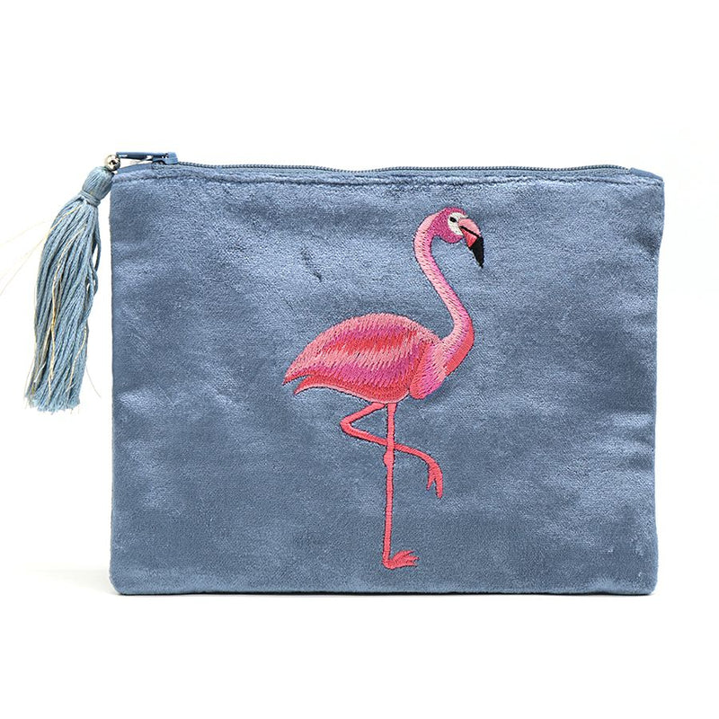 Dusky Blue Velvet Flamingo Purse