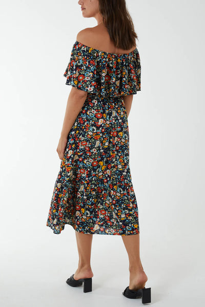 Amanda Bardot Ruffle Bright Floral Midi Dress