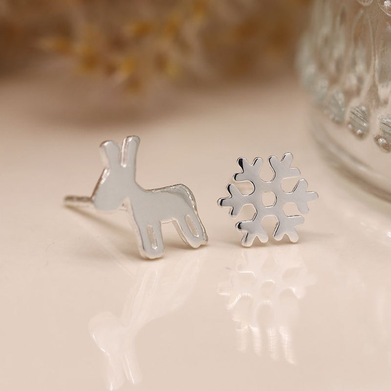 Sterling Silver Snowflake & Reindeer Stud Earrings