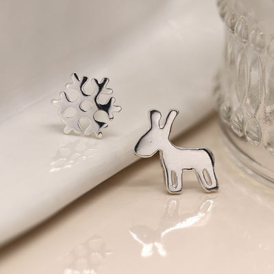 Sterling Silver Snowflake & Reindeer Stud Earrings
