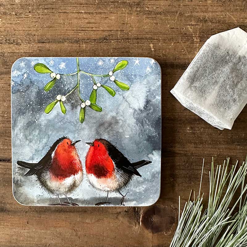 Christmas Robin & Mistletoe Coaster