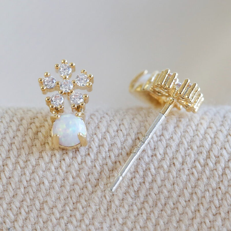 Gold Crystal Snowflake Earrings With Opal