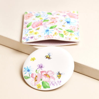 Pink Floral Bee Round Compact Mirror