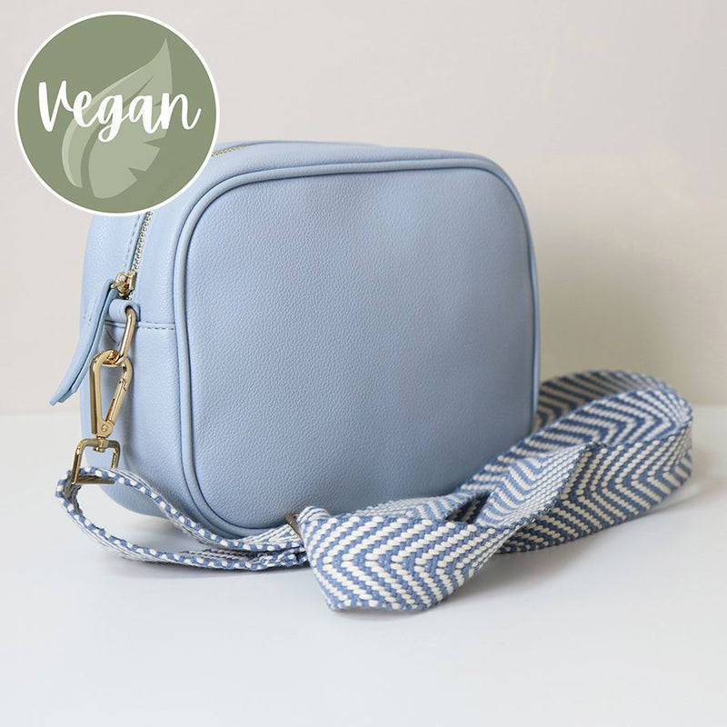 Baby Blue Vegan Leather Camera Bag With Chevron Strap