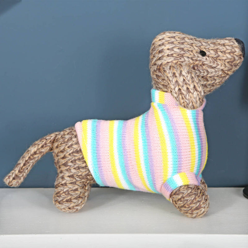 Large Knitted Sausage Dog Rattle In Pastel Stripe Jumper