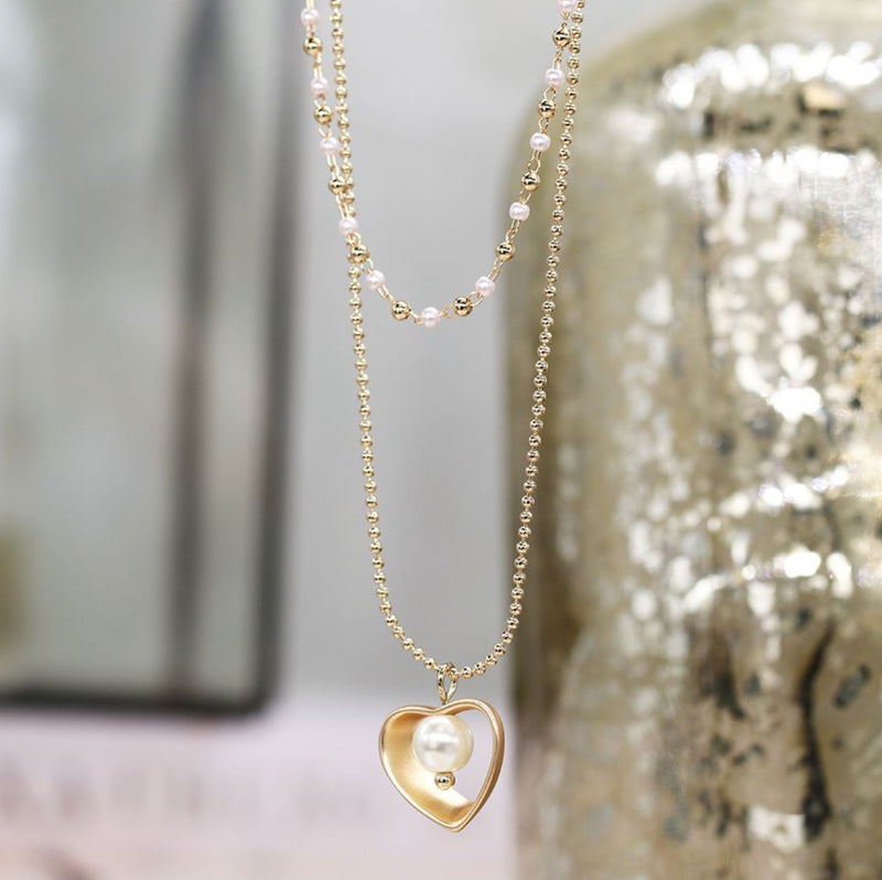Golden Layered Bead Chain Necklace With Heart & Pearl