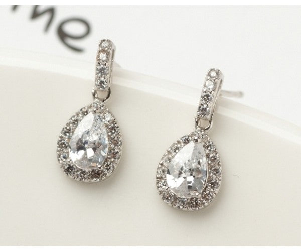 Sterling Silver Diamond Teardop Drop Earrings