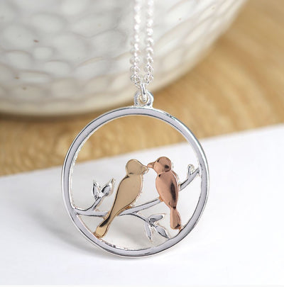 Lovebirds In Circle Silver Plated Necklace