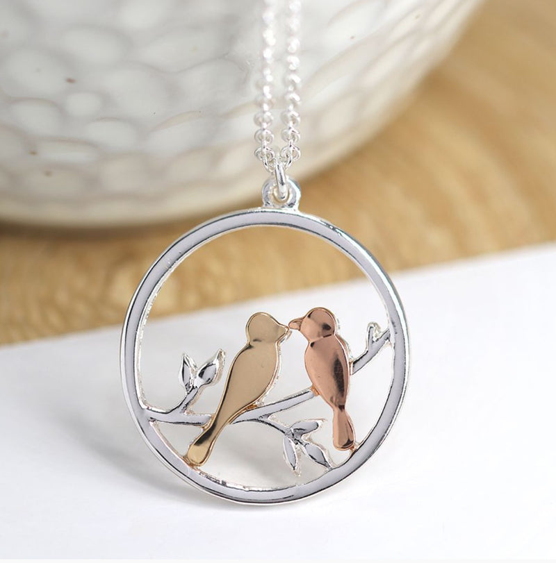 Lovebirds In Circle Silver Plated Necklace