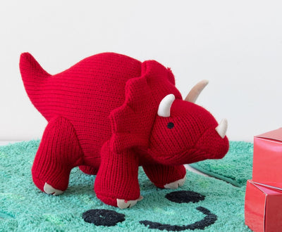 Triceratops Knitted Dinosaur Rattle Red