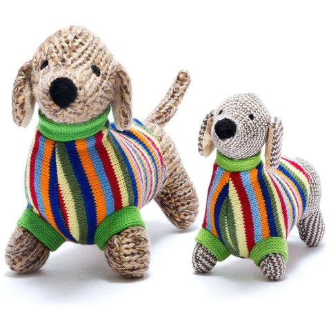 Large Knitted Sausage Dog Rattle In Bold Stripe Jumper