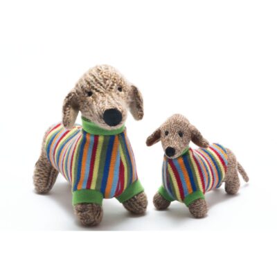 Small Knitted Sausage Dog Rattle In Bold Stripe Jumper
