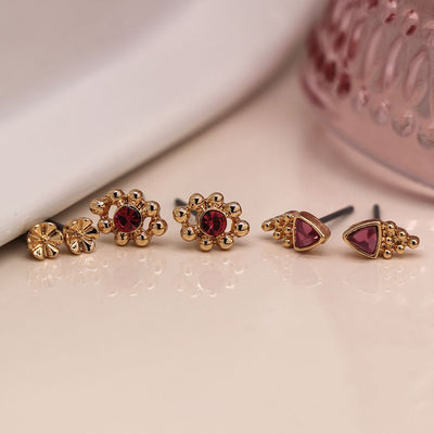 Gold Plated Triple Stud Set With Pink Crystals