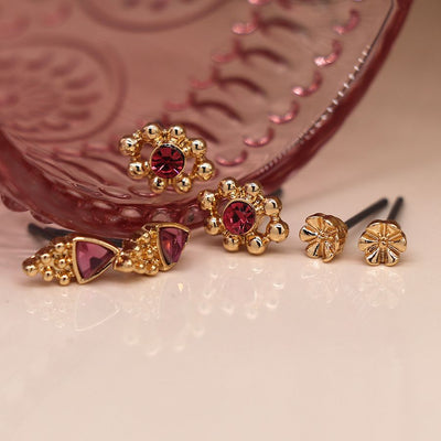 Gold Plated Triple Stud Set With Pink Crystals