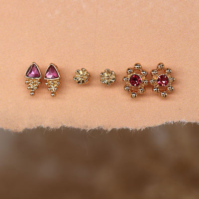 Gold Plated Triple Stud Set With Pink Crystals