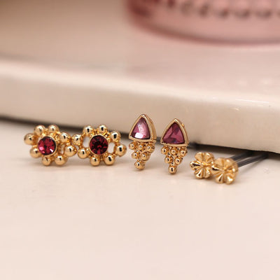 Gold Plated Triple Stud Set With Pink Crystals