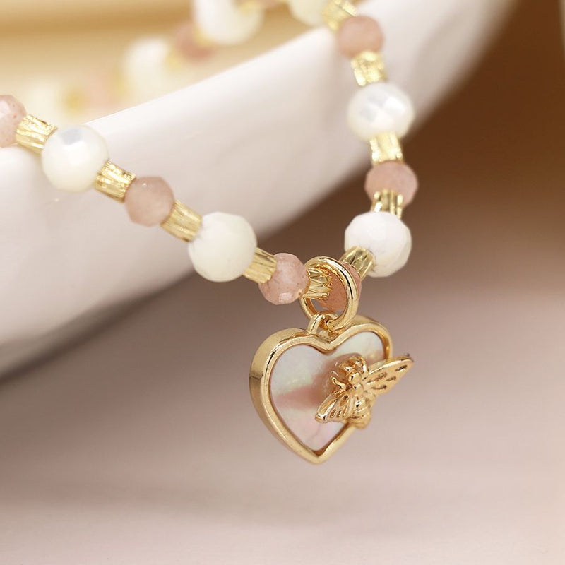 Semi Precious Pink Mix Bead Bracelet With Heart & Charm