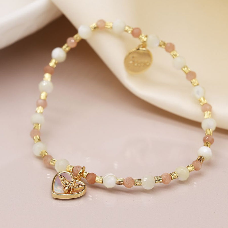 Semi Precious Pink Mix Bead Bracelet With Heart & Charm