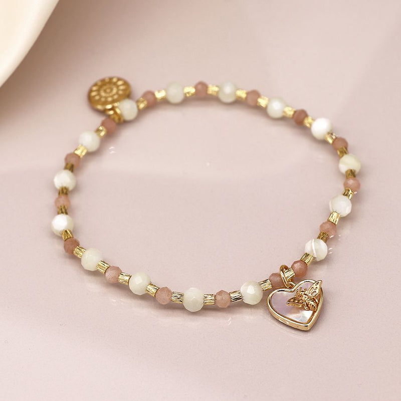 Semi Precious Pink Mix Bead Bracelet With Heart & Charm