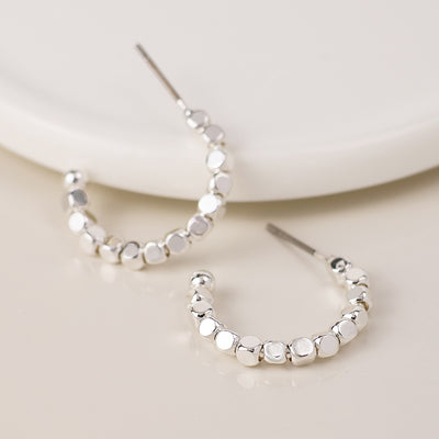 Silver Cube Bead Hoop Earrings