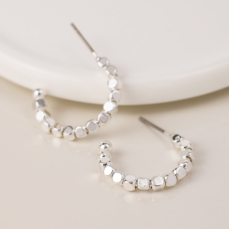 Silver Cube Bead Hoop Earrings