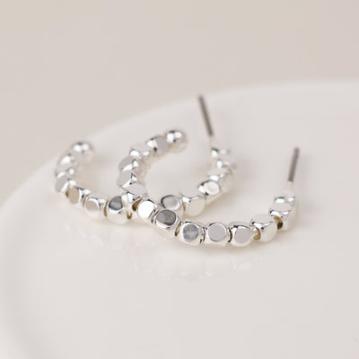 Silver Cube Bead Hoop Earrings