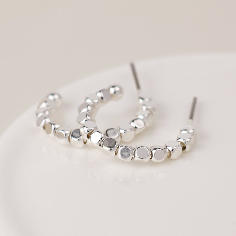 Silver Cube Bead Hoop Earrings