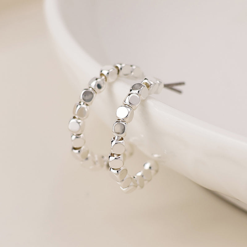Silver Cube Bead Hoop Earrings
