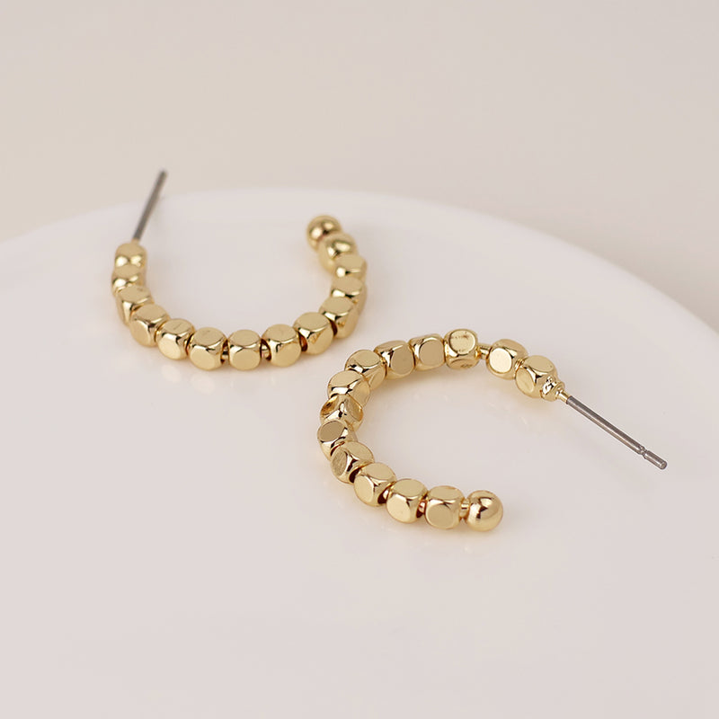 Gold Cube Bead Hoop Earrings