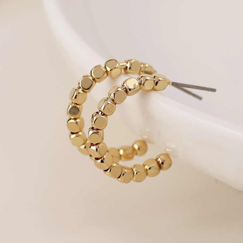Gold Cube Bead Hoop Earrings