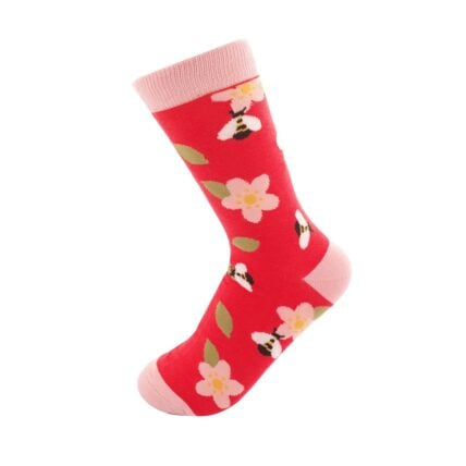 Bees & Flowers Red Bamboo Socks