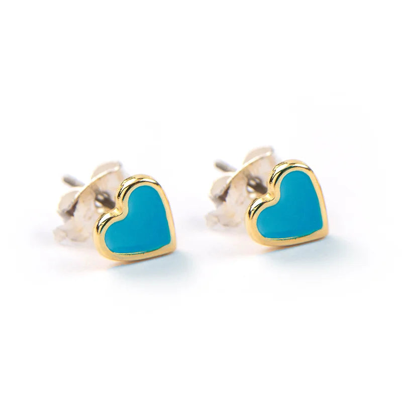 Gold Blue Enamel Heart Earrings