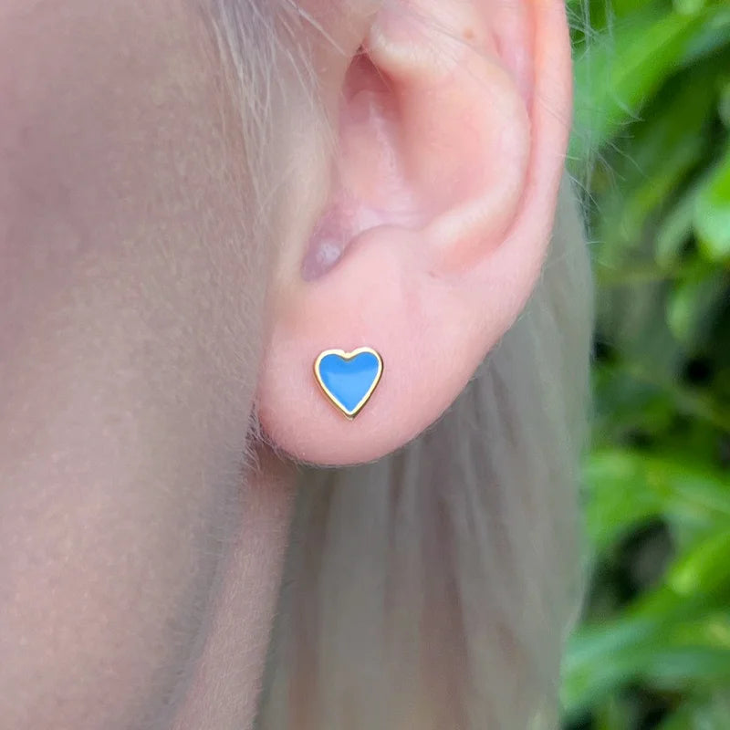 Gold Blue Enamel Heart Earrings