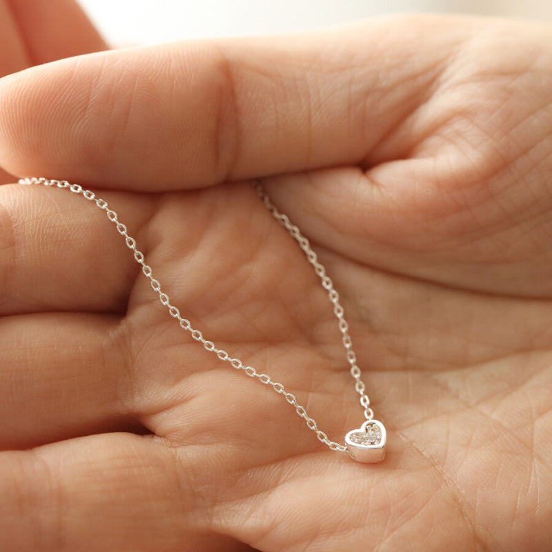 Tiny Crystal Heart Silver Necklace