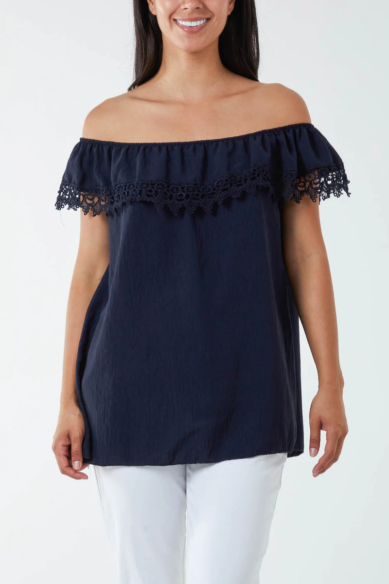 Laced Detail Frill Bardot Top - More Colours Available