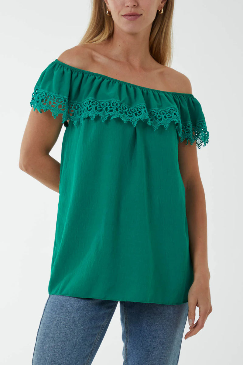 Laced Detail Frill Bardot Top - More Colours Available