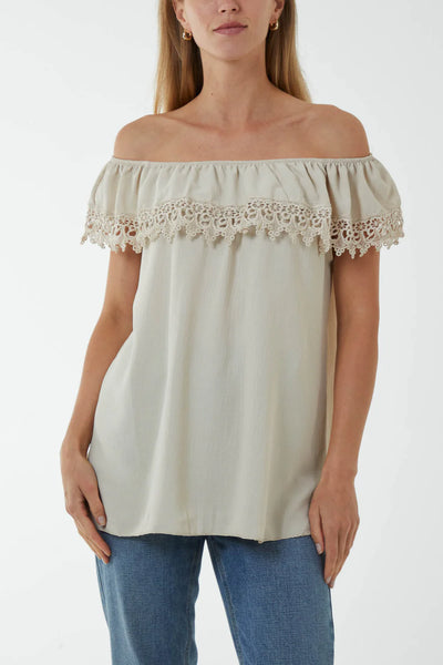 Laced Detail Frill Bardot Top - More Colours Available