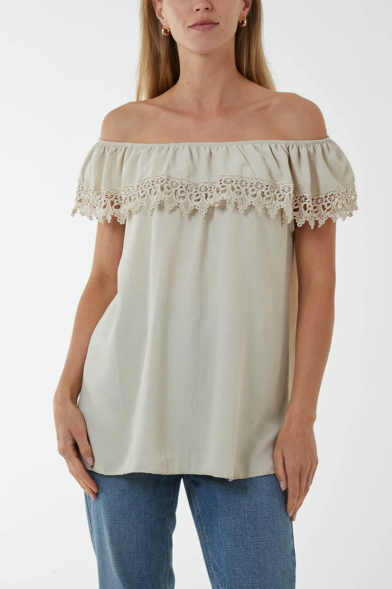 Laced Detail Frill Bardot Top - More Colours Available