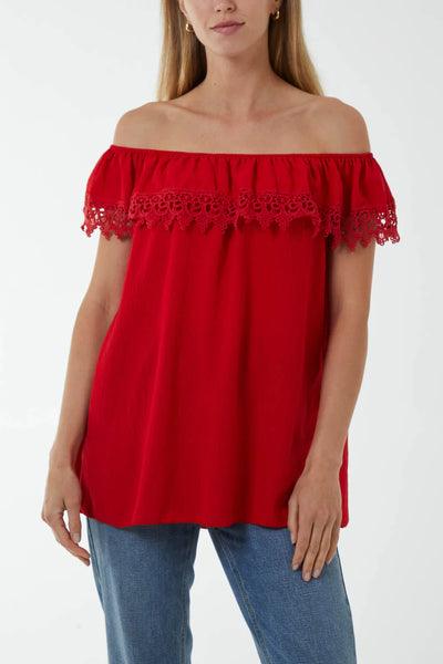 Laced Detail Frill Bardot Top - More Colours Available