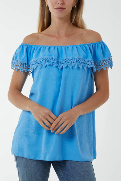 Laced Detail Frill Bardot Top - More Colours Available