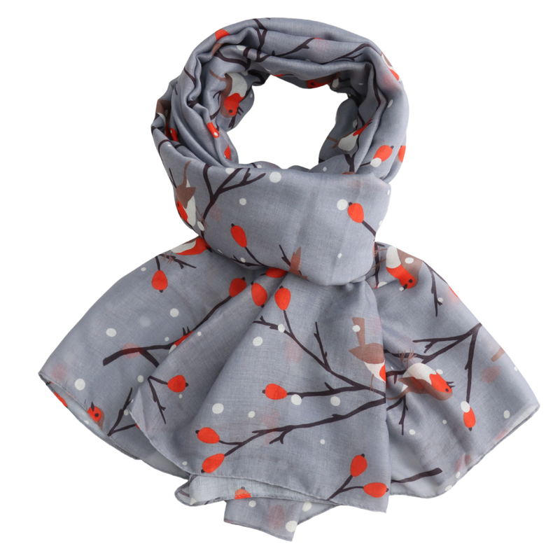 Grey Robins On Branches Scarf